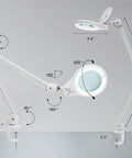 LED Bifocal Magnifying Lamp With 1,200 Lumens showing adjustable arm and clamp, dual magnification features and dimensions.