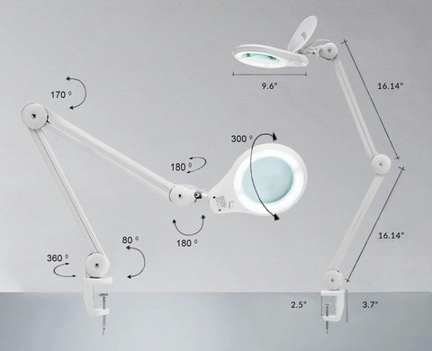 LED Bifocal Magnifying Lamp With 1,200 Lumens showing adjustable arm and clamp, dual magnification features and dimensions.