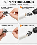 Knockout 10 Piece PVC Pipe Threader Kit For Power Drill Dual NPT Die Heads showing assembly steps for internal and external threads.