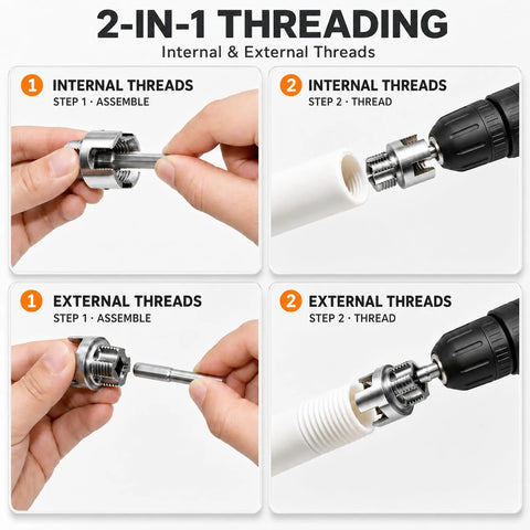 Knockout 10 Piece PVC Pipe Threader Kit For Power Drill Dual NPT Die Heads showing assembly steps for internal and external threads.