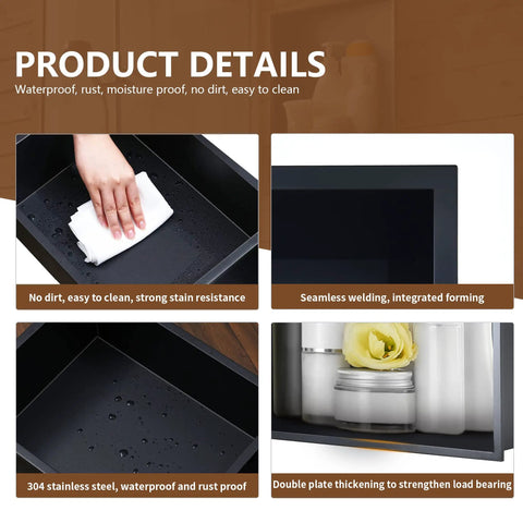 Black Stainless Shower Niche Shelf with cleaning cloth, seamless edges, durable 304 stainless steel, storage view with bottles.
