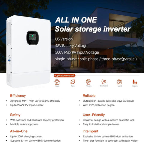 Heavy Duty Off Grid Solar Power System Complete Kit With Twenty 550W Bifacial Panels 10kW Inverter MPPT Controller and 48V 206Ah 10Kwh Lifepo4 Battery view of solar storage inverter with specs.