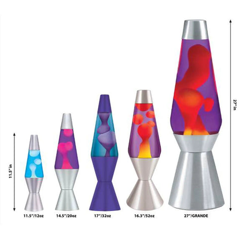 Five lava lamps in different sizes with silver bases, featuring colorful wax in liquid. Classic 14.5 Inch Silver Base Lava Lamp With Yellow Wax In Blue Liquid For Instant Mood Lighting, Retro Glow, Mesmerizing Movement, And Timeless Home Decor That Keeps Your Space Calm, Cool, And Totally Vibey, An Iconic Piece For Living Rooms, Bedrooms.
