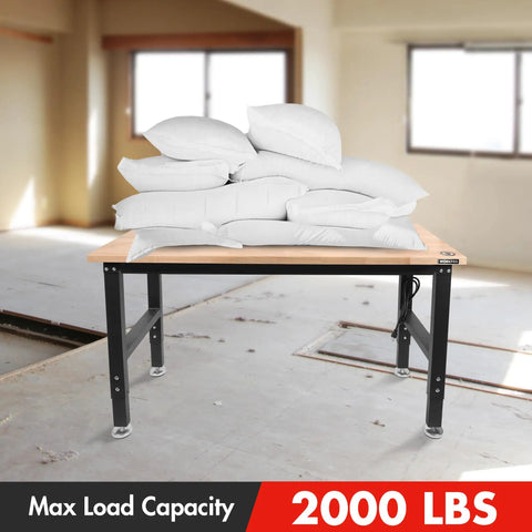 Rugged 48 Inch Adjustable Workbench Built Like A Tank With 2000 Lbs Load Capacity Hardwood Top and Integrated Power Strip supporting 2000 lbs of weight.