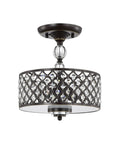 Oil Rubbed Bronze Crystal Chandelier Flush Mount Three Light Fixture for Bathrooms and Small Rooms, intricate lattice design.