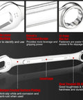 Combo Wrench Set 33 Piece Chrome Vanadium Steel Wrenches 12 Point SAE And Metric From Quarter Inch To One Inch And Six To Twenty Two Millimeters With Rolling Pouch Pro Grade Heavy Duty Anti Rust Finish ANSI Standard, close-up of wrench features.
