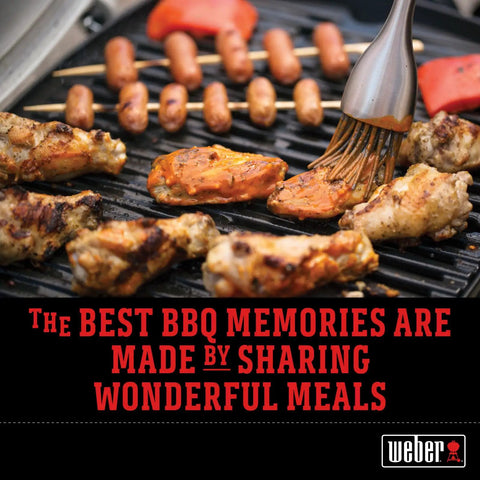 Grilling chicken and sausages with a basting brush, quote 'The best BBQ memories are made by sharing wonderful meals' and Weber logo