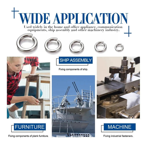 Rock Solid Stainless Steel Split Lock Washers Heavy Duty Elastic Spring Gaskets in various sizes for ship and furniture assembly.