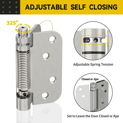 Self-closing door hinge, brushed nickel finish, 4-inch size with adjustable spring tension (close-up view)
