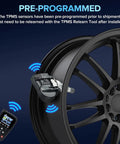 Dead Nuts Precise Street Swap Tire Pressure Sensor 433 Mhz mounted on black wheel with TPMS Relearn Tool for Nissan vehicles.