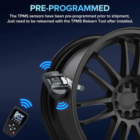 Dead Nuts Precise Street Swap Tire Pressure Sensor 433 Mhz mounted on black wheel with TPMS Relearn Tool for Nissan vehicles.
