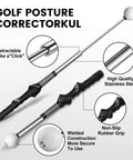 Retractable Golf Swing Trainer with Arm Band showing stainless steel build, rubber grip, for right-handed use with click feedback.