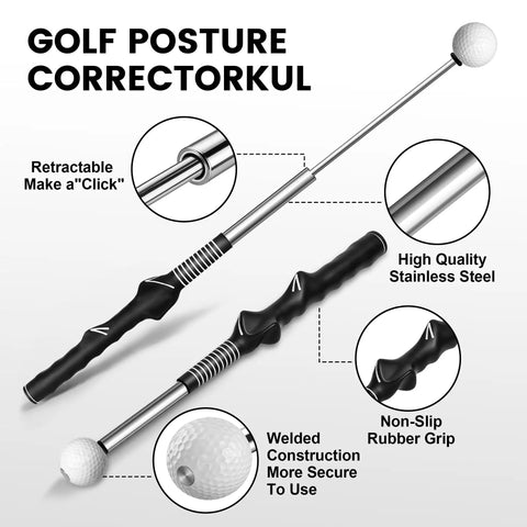 Retractable Golf Swing Trainer with Arm Band showing stainless steel build, rubber grip, for right-handed use with click feedback.