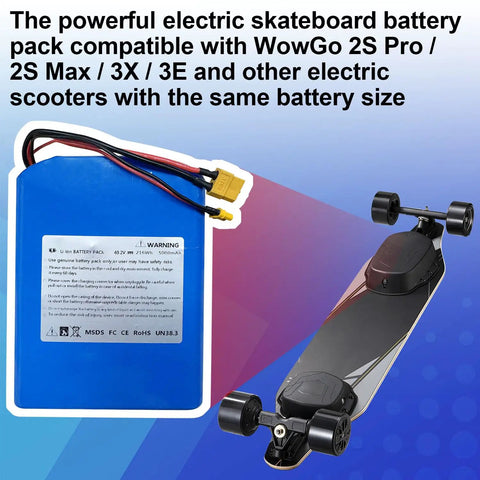 43.2V 5Ah Battery Pack Replacement For WowGo 2S Pro 2S Max 3X And 3E Electric Skateboard next to a skateboard