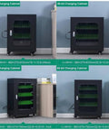 Hassle Free Phone Charging Locker And Tech Organization Hub For 40 To 60 Gadgets Featuring Rapid Charge Ports Tough As Nails Steel Frame, shown in multiple sizes.