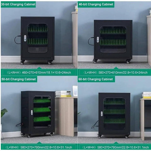 Hassle Free Phone Charging Locker And Tech Organization Hub For 40 To 60 Gadgets Featuring Rapid Charge Ports Tough As Nails Steel Frame, shown in multiple sizes.