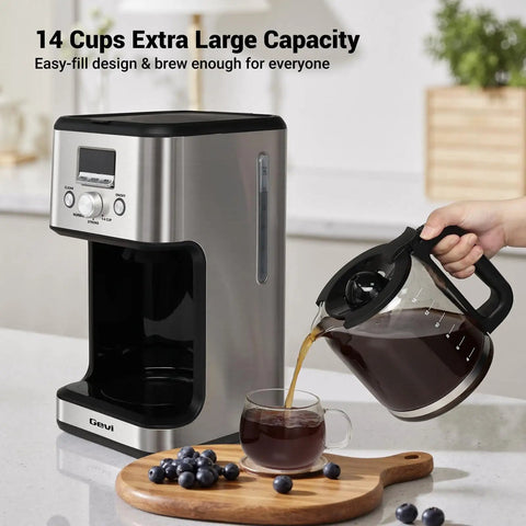 14-Cup Programmable Drip Coffee Maker With Normal And Strong Brew For Home Or Office, Glass Carafe, Silver, man pouring coffee