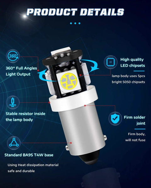 Product details of 12V White BA9S LED bulb with 5050 chips for car interiors, showing design features and specifications.