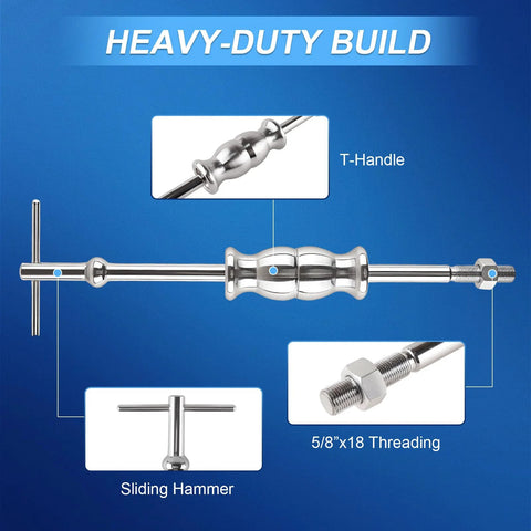 Heavy-duty build of Rear Axle Bearing Puller Tool Kit with Slide Hammer, T-handle, and threading details shown