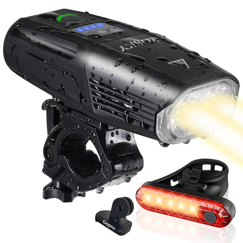 USB Rechargeable Bike Light Set With Front Headlight And Rear Tail Light 5400mAh Power Bank Up To 1000 Lumens Front Beam 160 Degree Wide Field Ideal For Night Riding For Adults Kids Men Women with waterproof feature and mounting brackets.