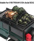 Trail Ready RC Crawler Accessories Kit For 1 By 18 And 1 By 24 Scale Rigs Roof Rack with Luggage Net and Gear on Green RC