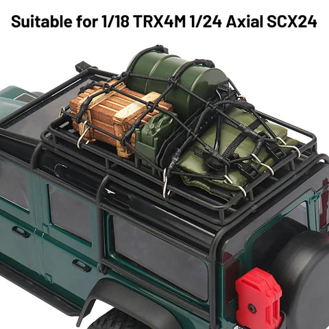 Trail Ready RC Crawler Accessories Kit For 1 By 18 And 1 By 24 Scale Rigs Roof Rack with Luggage Net and Gear on Green RC