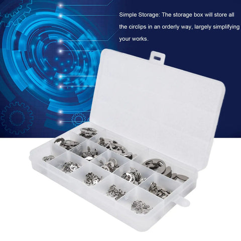 Pro Grade Stainless Steel E Clip Retaining Ring Set With 400Pcs Assortment Kit Sizes 1.5mm To 15mm open storage box