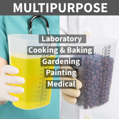 32 Oz Graduated Triangular Intake Output Containers, Plastic, 5 Pack For Precise Urine Output And Lab Measurements, Clear Beakers With Oz And CC Markings, Durable Bulk Pack in medical and lab use