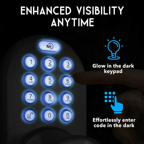 Keyless Entry Digital Door Knob Lock With Keypad For Front Doors, glow-in-the-dark illuminated button keys.