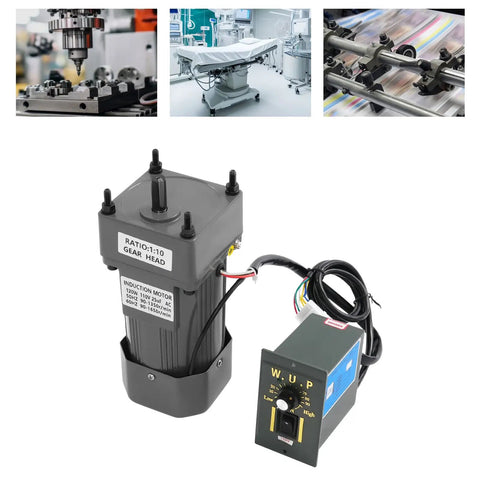 Heavy Duty 120W Single Phase Gear Motor With Speed Controller For Industrial Machinery Textile Works Die-Cast Aluminum Build And Double Bearings with attached control panel.