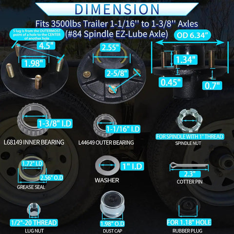 Dimensional diagram of Five Lug 4.5 Inch Trailer Hub Kit Fits 1-1/16 To 1-3/8 Inch EZ-Lube Spindle For 3500 Lb Axles, 5x4.5 Bolt Pattern