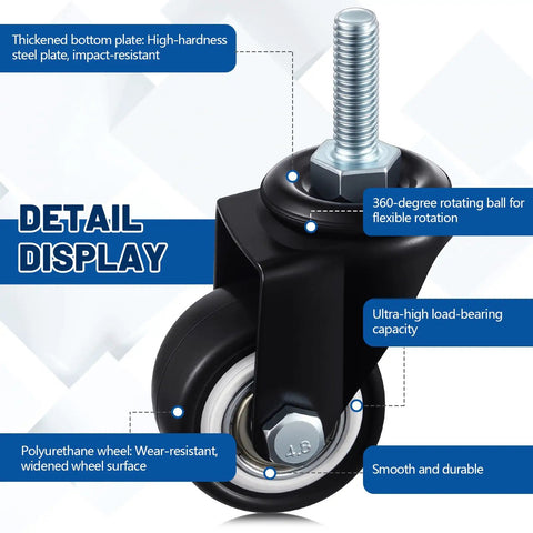 Close-up of 12 Pack 1.5 Inch Swivel Caster Wheels PU Pro Grade threaded stem showing thickened steel plate and polyurethane wheel.