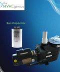 Image showing a Dual Run Start Capacitor 45/5 MFD 370/440 VAC CBB65B and HVAC motor against a blue background.