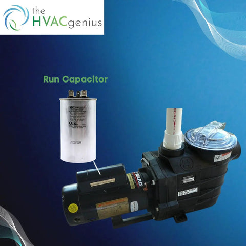 Image showing a Dual Run Start Capacitor 45/5 MFD 370/440 VAC CBB65B and HVAC motor against a blue background.