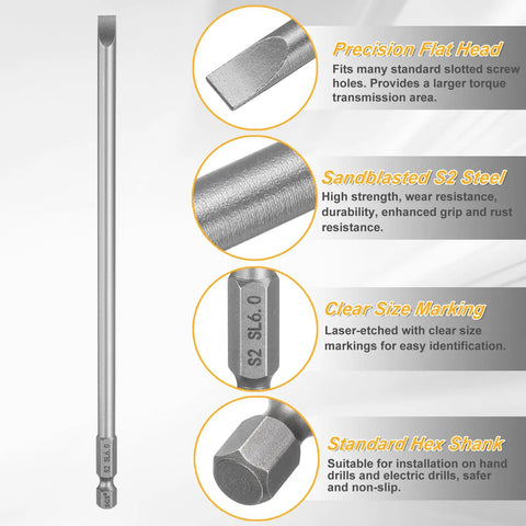 SL6 Slotted Screwdriver Bits Set 6mm Tips With One Quarter Inch Hex Shank 150mm Long Magnetic Flat Head S2 Steel Details