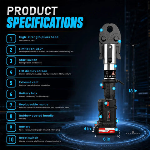 Product specifications for 360 Degree Rotating 60Kn Cordless Hydraulic Electric Pipe Crimping Tool For Copper Pipes.