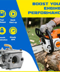 Carburetor Tune Up Kit Replacement For Stihl 024 026 MS240 MS260 Chainsaws shown with chainsaw cutting wood and kit parts