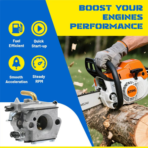 Carburetor Tune Up Kit Replacement For Stihl 024 026 MS240 MS260 Chainsaws shown with chainsaw cutting wood and kit parts