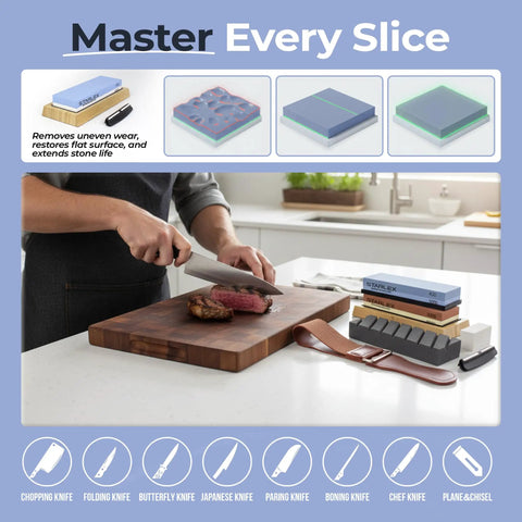 Beast All In One Knife Sharpening Stone Set With Dual Grit Whetstones 400 1000 And 3000 8000 in use on kitchen counter