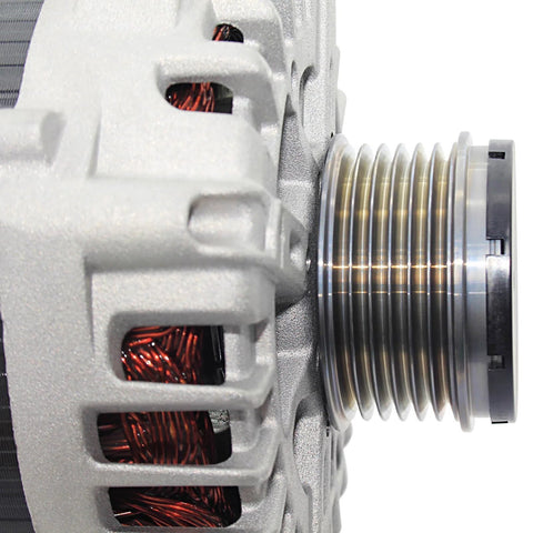 Close-up of high-output alternator pulley, drop-in alternator replacement for 2014 2015 Optima, 2012-2014 Sorento, 2014 Hyundai Sonata
