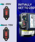 1HP Shallow And Deep Well Jet Pump, showing dual voltage switch options 115V and 230V, convertible for varied well depths.