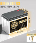 Dimensions of Badass 12V 330Ah LiFePO4 Self Heating Lithium Battery with 4224Wh Capacity and 200A BMS, measuring 13.58"D x 7.48"W x 9.64"H.