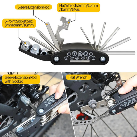 Tire Repair Tool Kit With 16-In-1 Multitool Levers and metal polish in use on a bicycle wheel.