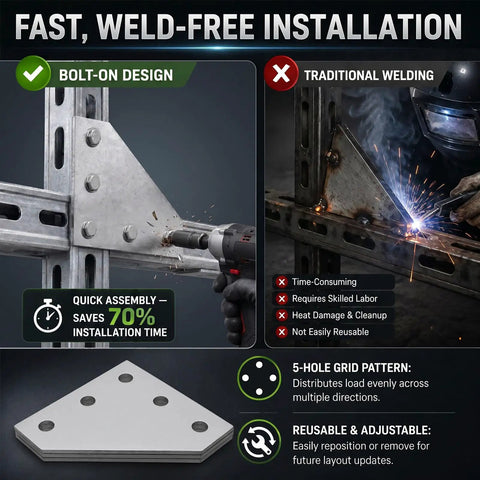 Comparison of bolt-on vs traditional welding for 8 Pack 5-Hole Corner Gusset Plate For 1-5/8 Inch Strut Channel installation.