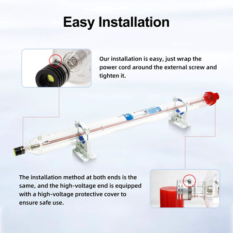 Rock Solid 100W Co2 Laser Tube With Brushed Copper Ends And Borosilicate Glass, 1450mm X 80mm, easy installation details.