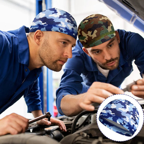 Two men wearing 10 Pack Skull Caps For Men, Cooling Helmet Liners, Welding Beanies, Camouflage Cycling Do Rags, working on a car engine.