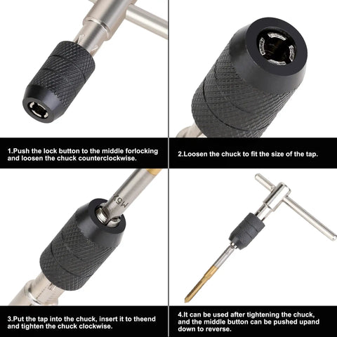 Die And Tap Set For External And Internal Threads In SAE And Metric Sizes Includes Thread Wrench And Thread Pitch Gauge 86 Piece Gauge Kit For DIY Tapping And Cutting Pro Grade Tool Kit For Quick And Accurate Threading, showing detailed view of chuck and wrench usage.
