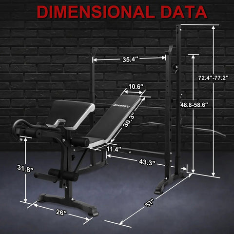 Adjustable Olympic Weight Bench Set With Cable Pulley System For Home Gym Full Body Workout dimensions shown on black backdrop