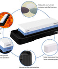 Pro-Grade Knife Sharpening Stone Set With Dual Sided 1000/6000 Grit Waterstone on non-slip base, shown with features.