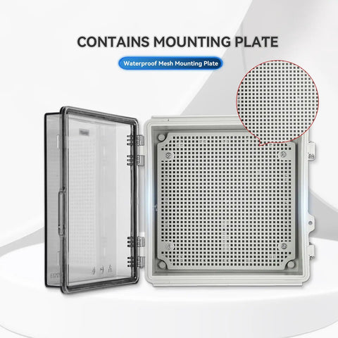 Top Shelf Hella Sturdy Weatherproof Junction Box With Clear Viewing Cover And Din Rail Mounting showcasing waterproof mesh mounting plate.